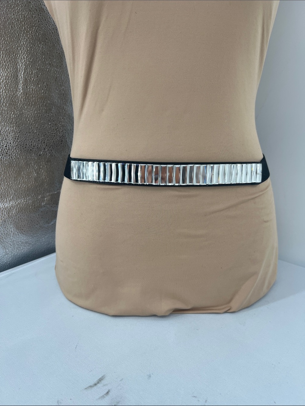 Women's Black Elastic Waist Belt with Silver Mirror Accent - Picture 2 of 6